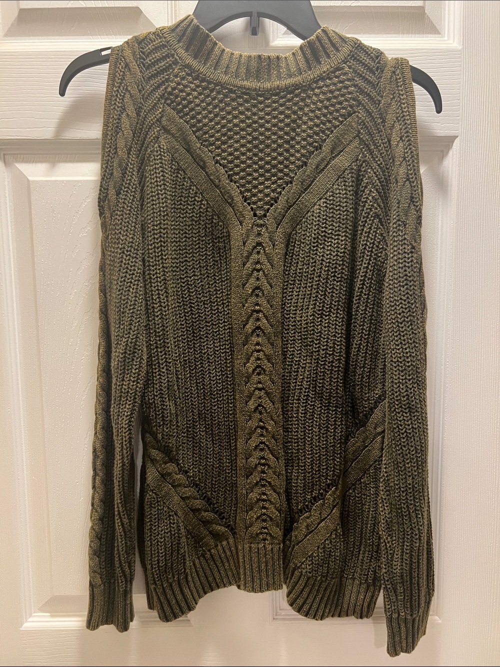 Umgee Olive Cable Knit Crewneck cold Shoulder Sweater